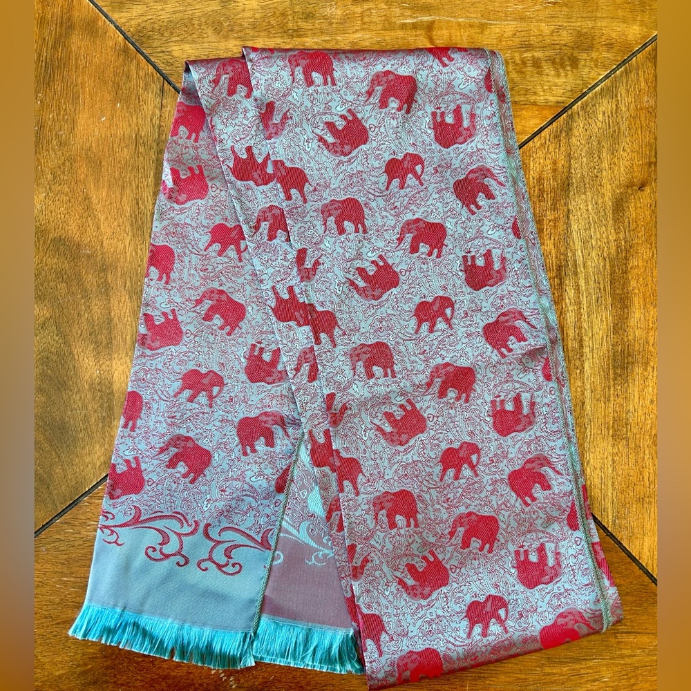 100% Silk Scarf with Elephants, in Aqua blue and Red, NEW